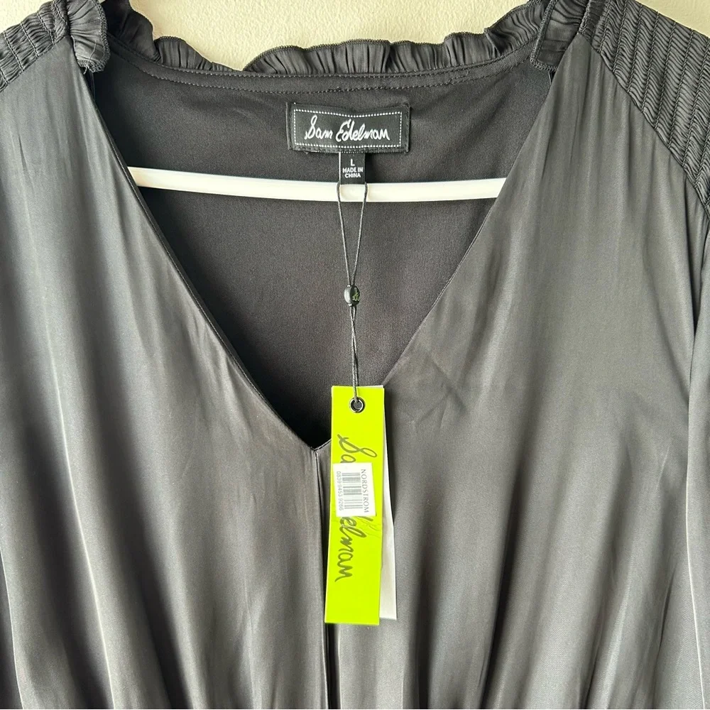 Sam Edelman Long Sleeve Tiered Dress Silky Smock Waist Black L NWT